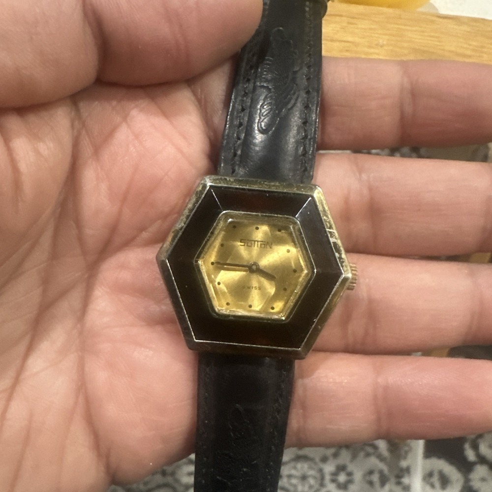 VTG Rare Sutton Swiss Hexagonal Manual Wind Ladies Watch 35mm Black Fits 7.75 - Picture 1 of 16